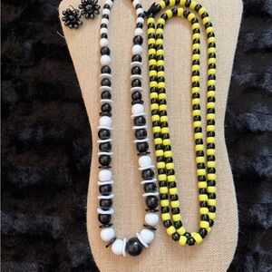 Retro Black,Yellow&White Beaded Necklaces & West Germany Black Vintage Earrings